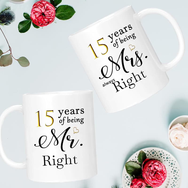 15th Anniversary Coffee Mugs Set for Couples, 11oz Gift Boxed