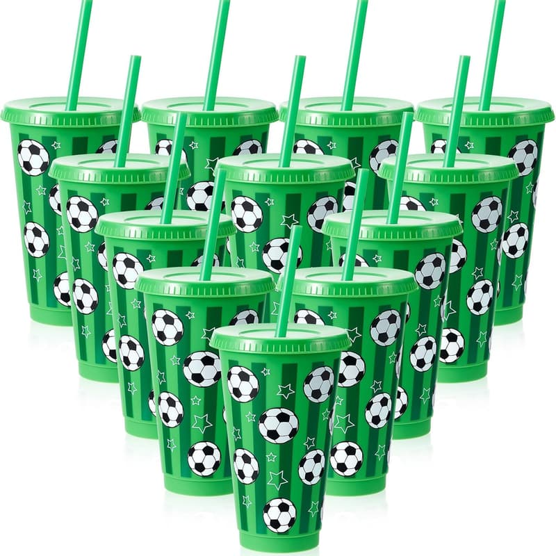 12 Pcs Reusable Soccer Cups with Lids & Straws for Parties