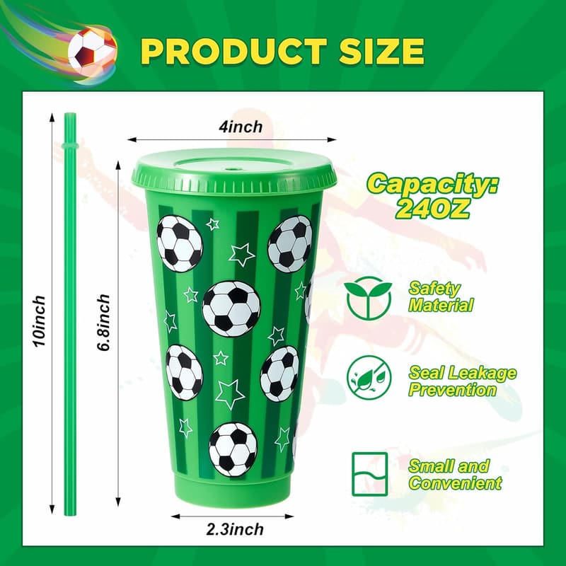 12 Pcs Reusable Soccer Cups with Lids & Straws for Parties