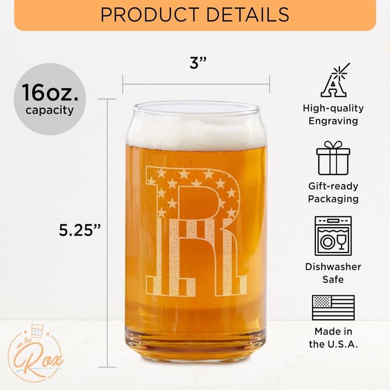 Personalized 16 oz Monogram Beer Glasses for Men