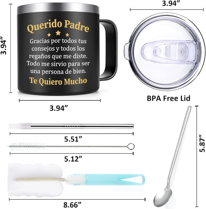 Father's Day Insulated Coffee Mug with Spoon (14oz, Black)