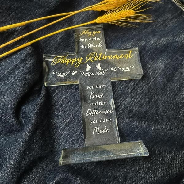 Happy Retirement Glass Cross Decoration with LED Base