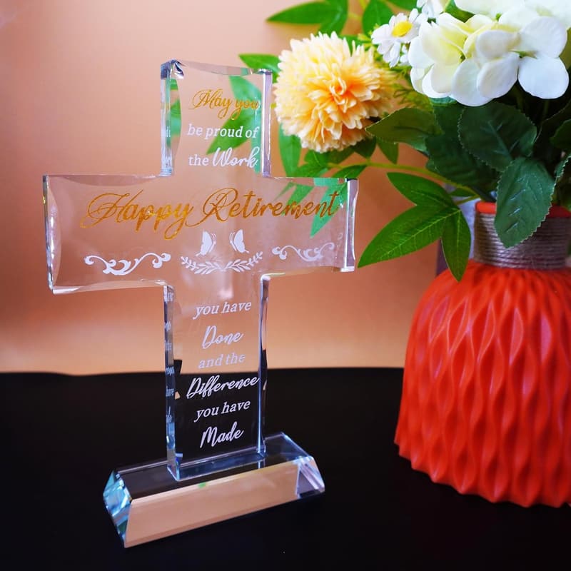 Happy Retirement Glass Cross Decoration with LED Base
