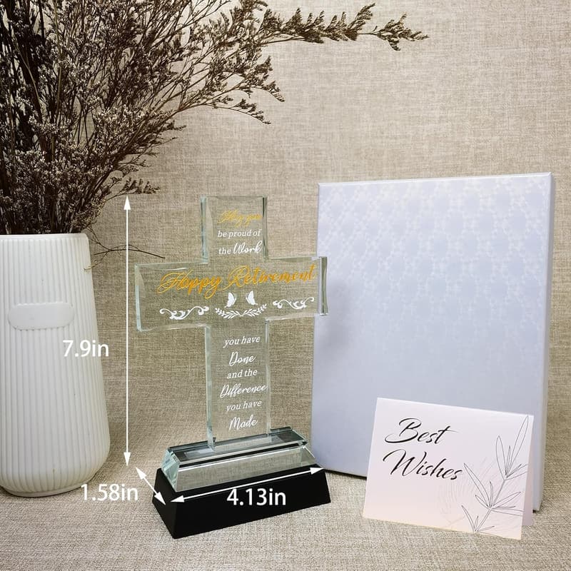 Happy Retirement Glass Cross Decoration with LED Base