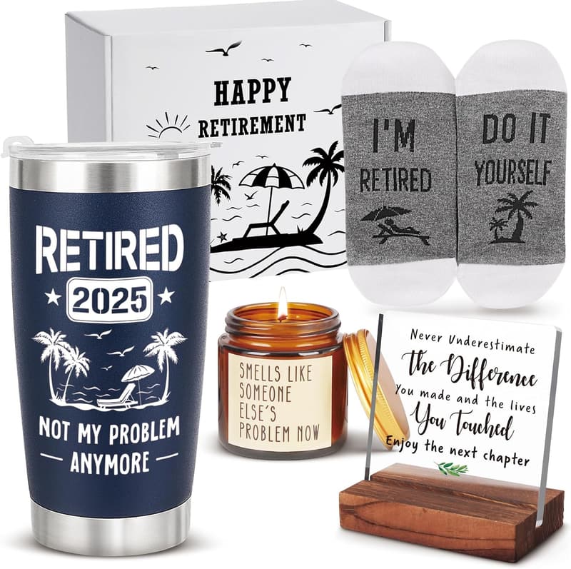 Funny Retirement Gifts for Men – Tumbler, Socks, Candle Set