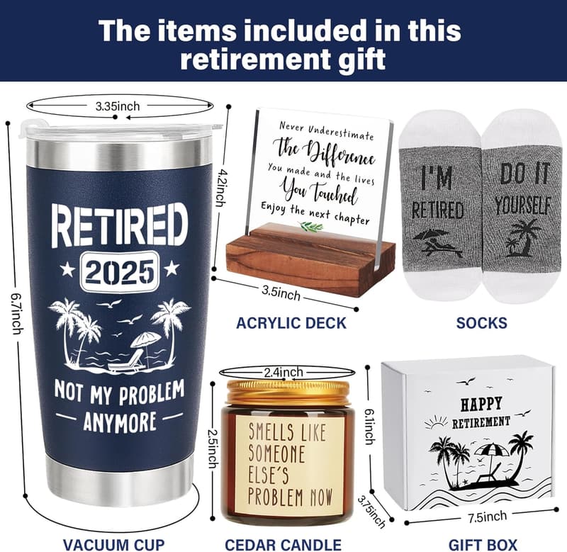 Funny Retirement Gifts for Men – Tumbler, Socks, Candle Set