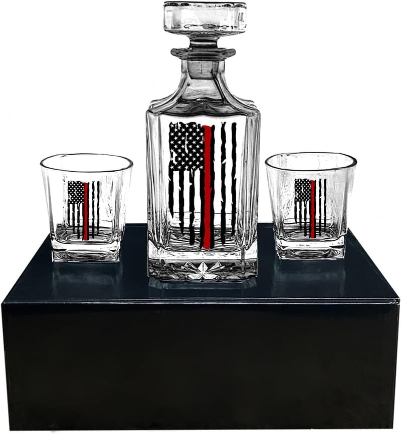 Thin Red Line American Flag Whiskey Decanter Gift Set for Firefighters