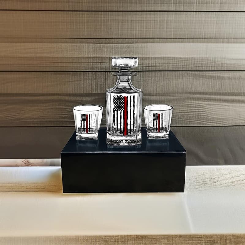 Thin Red Line American Flag Whiskey Decanter Gift Set for Firefighters