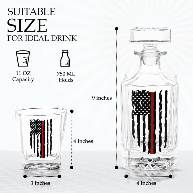 Thin Red Line American Flag Whiskey Decanter Gift Set for Firefighters