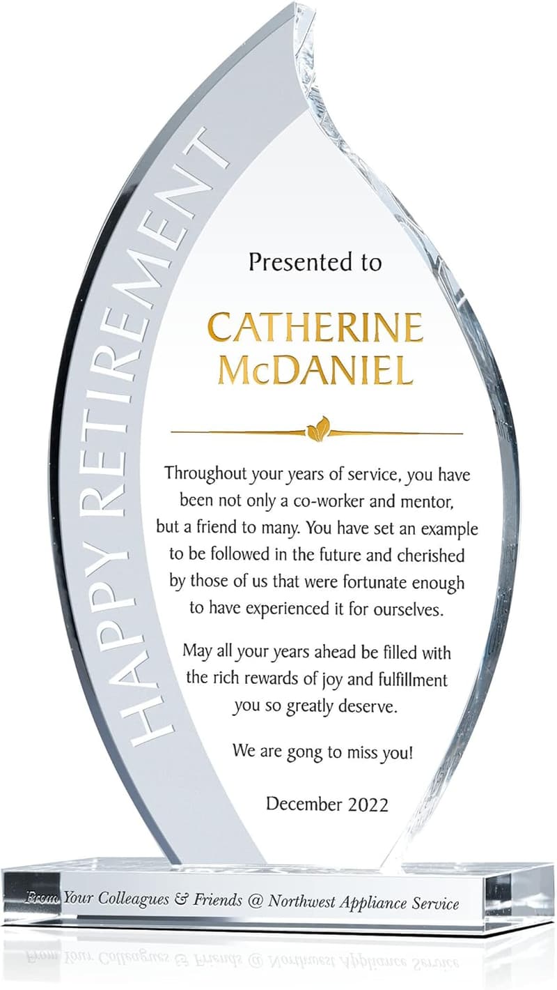 Personalized Crystal Retirement Plaque for Colleagues & Boss