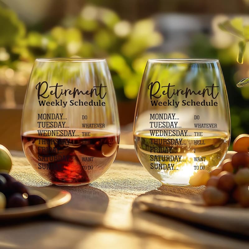 Retirement Wine Glass for Women with Funny Weekly Schedule