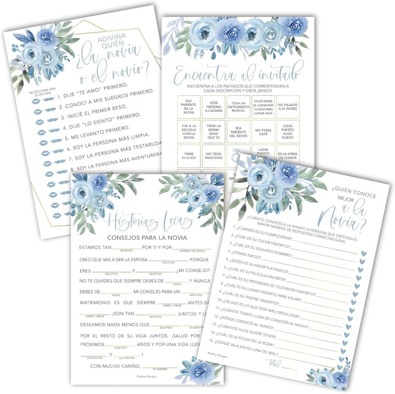 Dusty Blue Bridal Shower Games in Spanish for 20 Guests