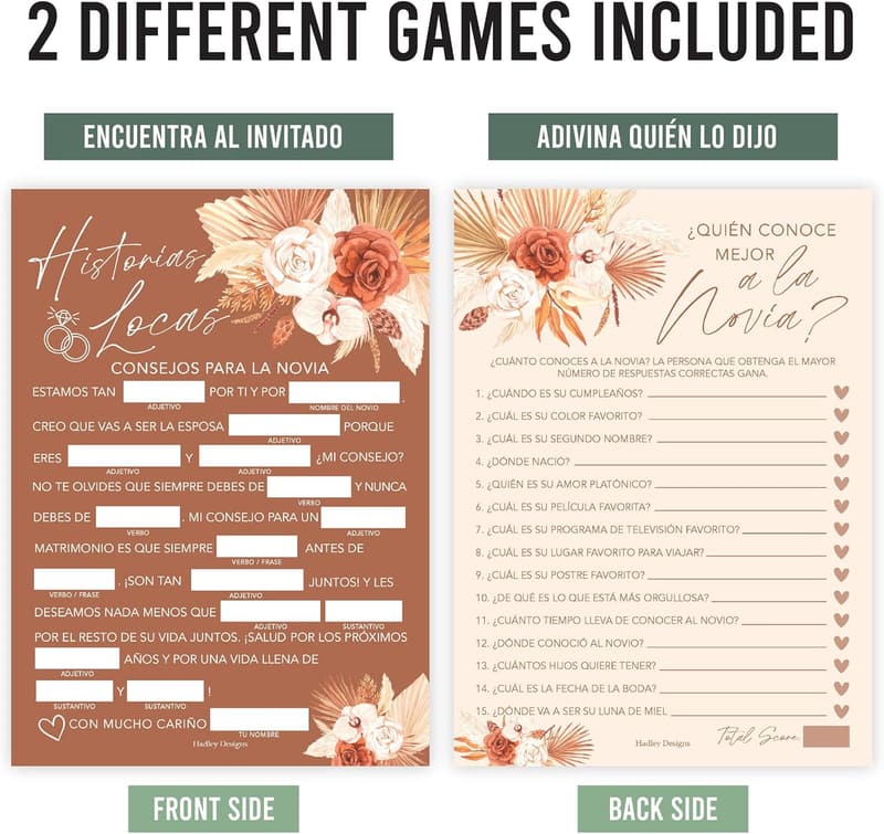 Spanish Bridal Shower Games for 20 Guests - Boho Design