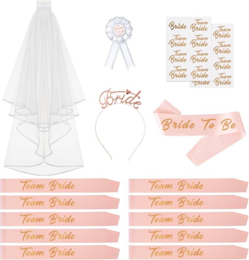 Rose Gold Bachelorette Party Kit with Sash, Veil & Tiara