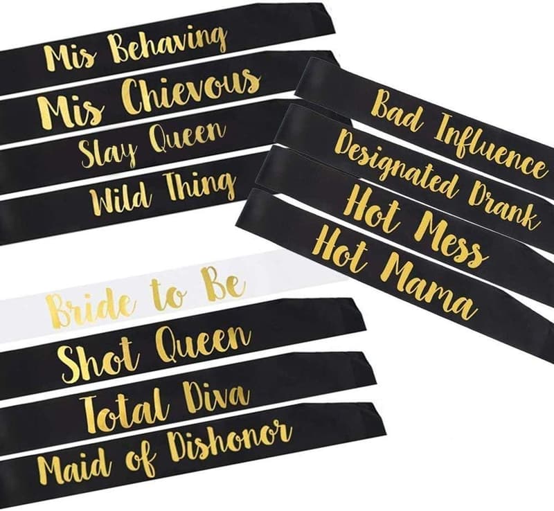 Bachelorette Party Bride & Bridesmaid Sashes - 12 Pcs Set
