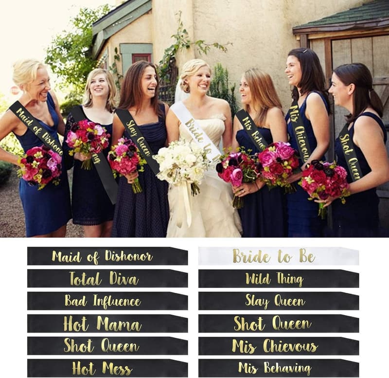 Bachelorette Party Bride & Bridesmaid Sashes - 12 Pcs Set