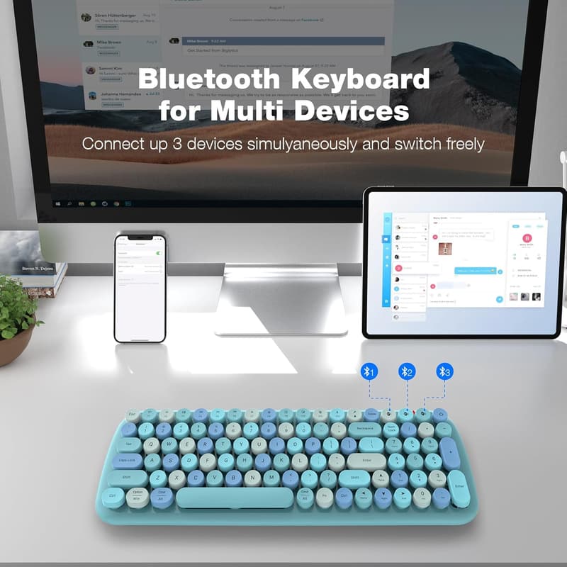 Retro Wireless Bluetooth Keyboard with Round Keycaps - Blue
