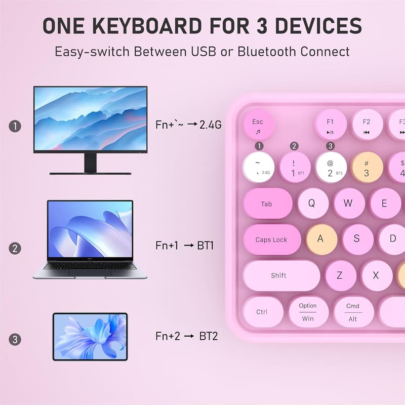 Retro Multi-Device Bluetooth Keyboard with Colorful Round Keycaps