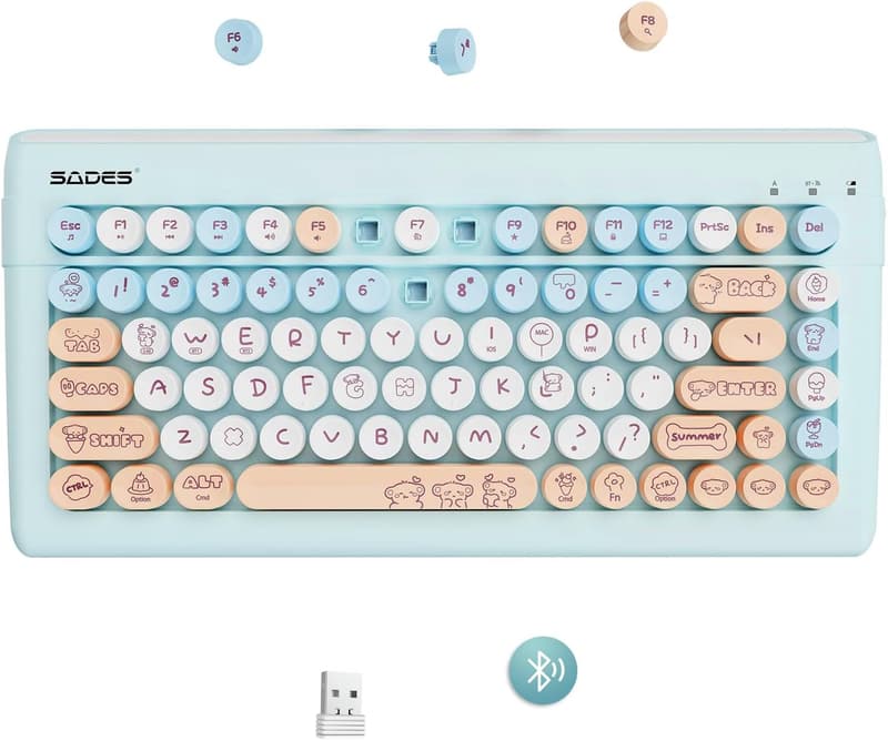 Portable Wireless Bluetooth Retro Keyboard - Light Blue, Multi-Device