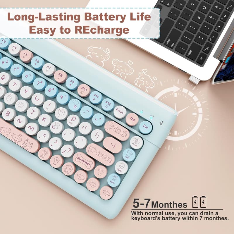Portable Wireless Bluetooth Retro Keyboard - Light Blue, Multi-Device