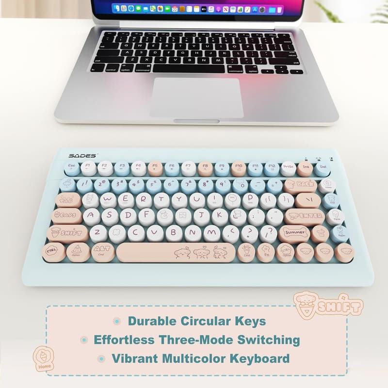 Portable Wireless Bluetooth Retro Keyboard - Light Blue, Multi-Device