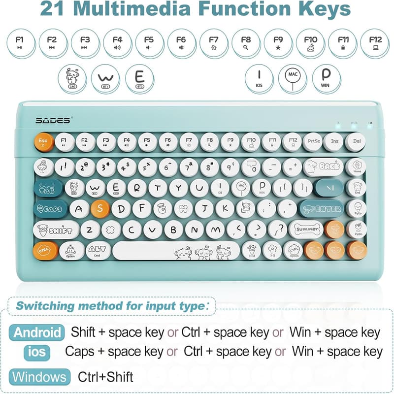 Cute Typewriter-Style Wireless Bluetooth Keyboard - Blue