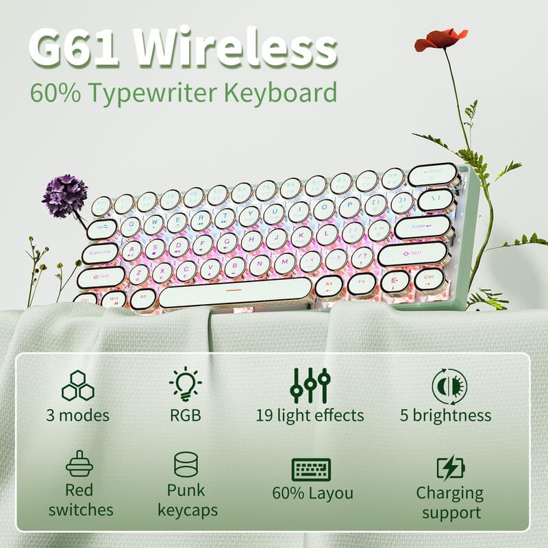 EWEADN G61 Mini Wireless Mechanical Keyboard - Rainbow Backlit Green