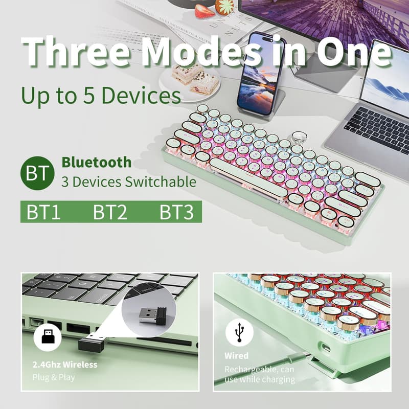 EWEADN G61 Mini Wireless Mechanical Keyboard - Rainbow Backlit Green