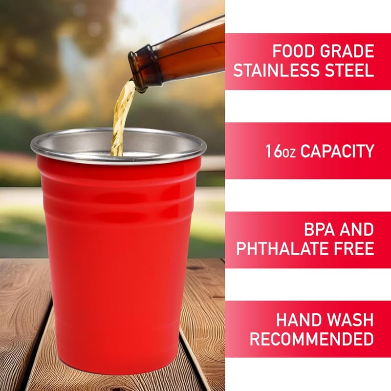 Reusable 16 oz Unbreakable Stainless Steel Party Cups - 6 Pack
