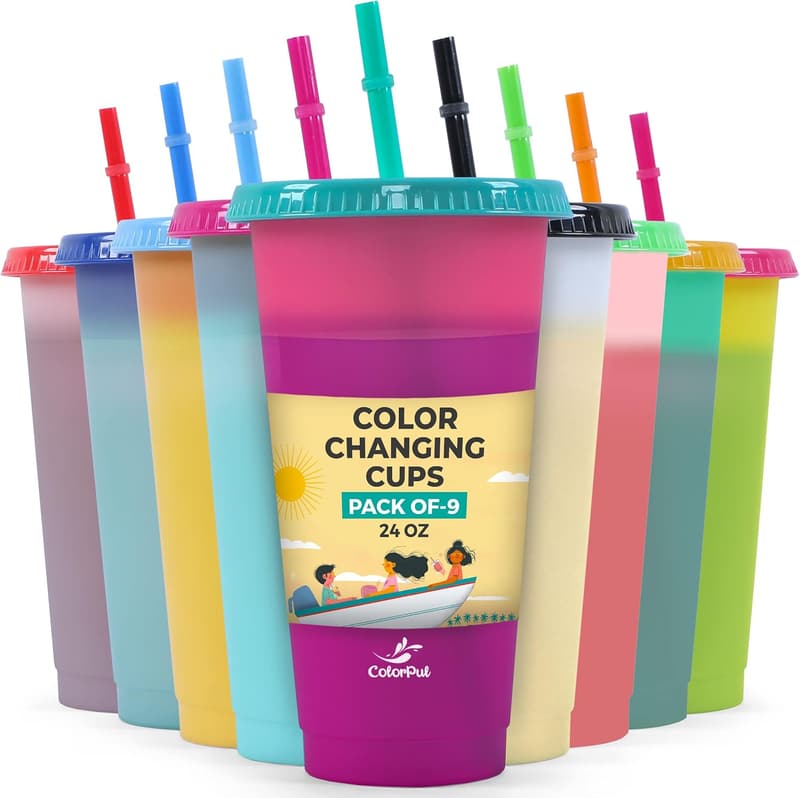 24oz Color Changing Reusable Tumblers with Lids & Straws (9-Pack)