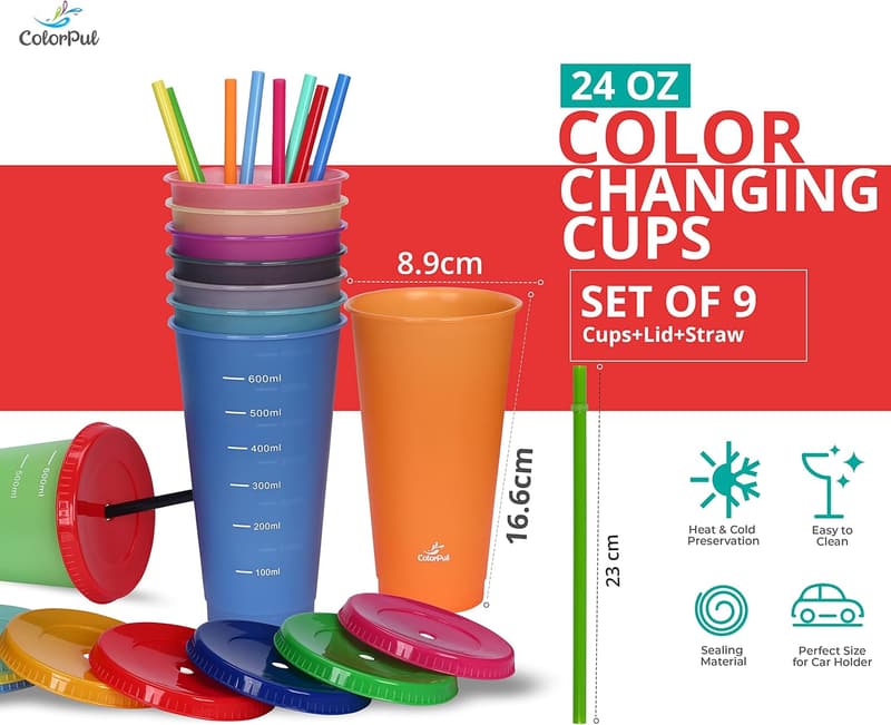 24oz Color Changing Reusable Tumblers with Lids & Straws (9-Pack)