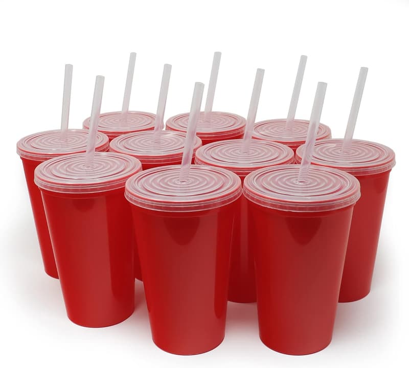 Reusable 22 oz Red Plastic Tumblers with Lids, 10 Pack