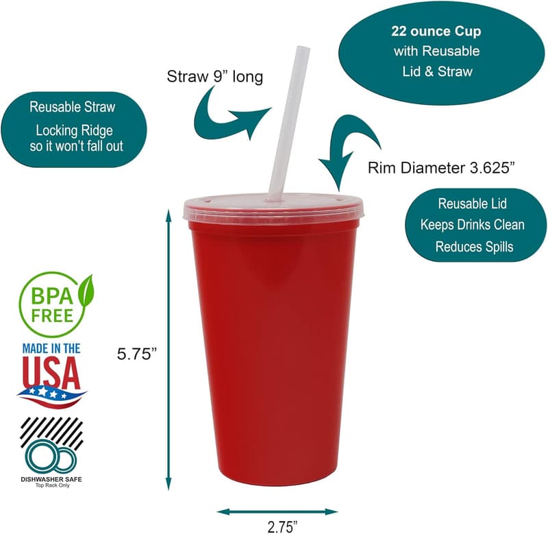 Reusable 22 oz Red Plastic Tumblers with Lids, 10 Pack