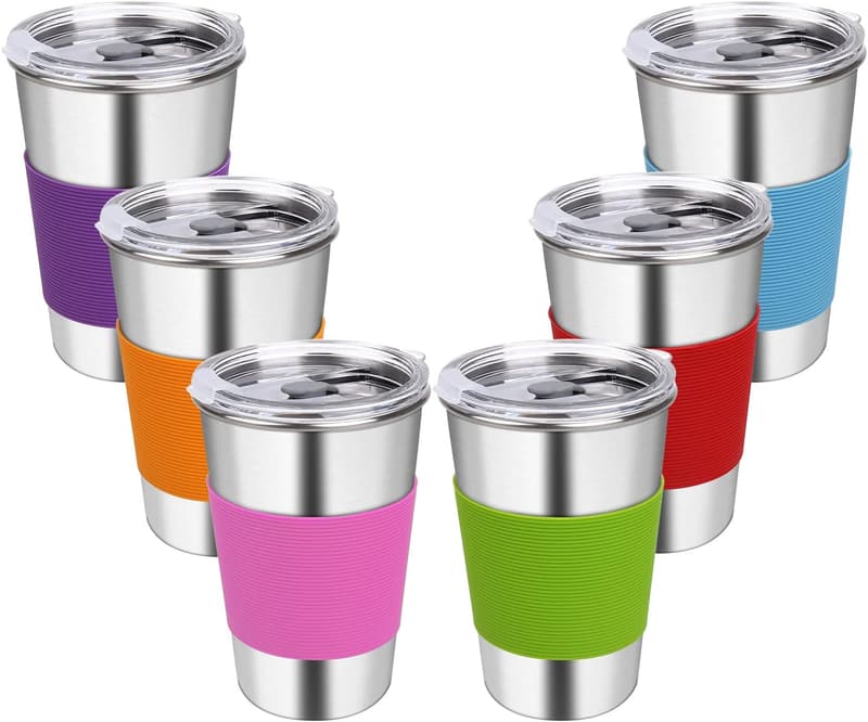 Reusable Stainless Steel Water Tumblers with Lids - 6 Pack