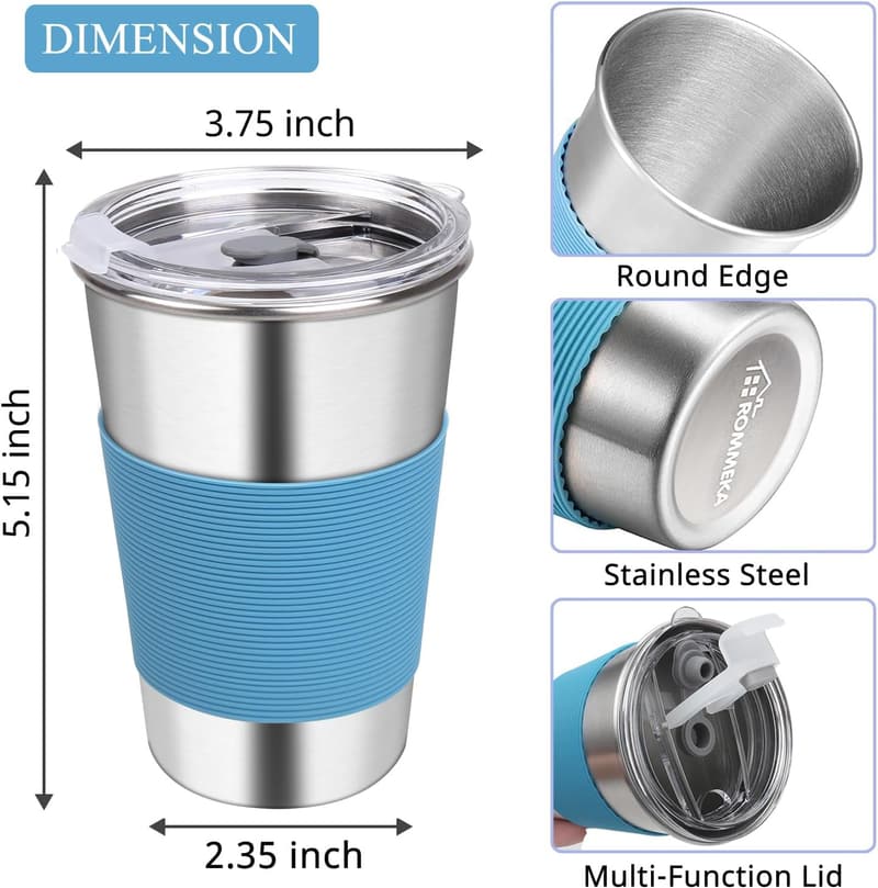 Reusable Stainless Steel Water Tumblers with Lids - 6 Pack