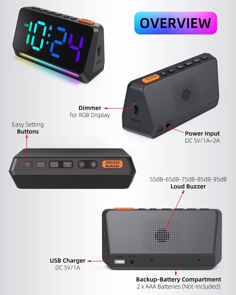 Loud LED Alarm Clock with Adjustable Volume and Color