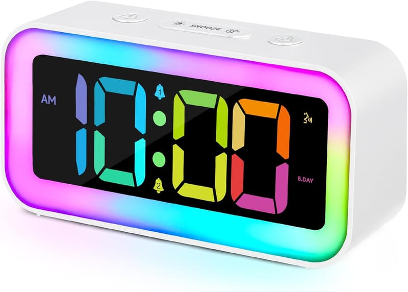 Dynamic RGB Dual Alarm Clock with USB Charger for Heavy Sleepers