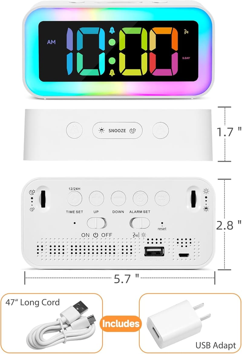 Dynamic RGB Dual Alarm Clock with USB Charger for Heavy Sleepers