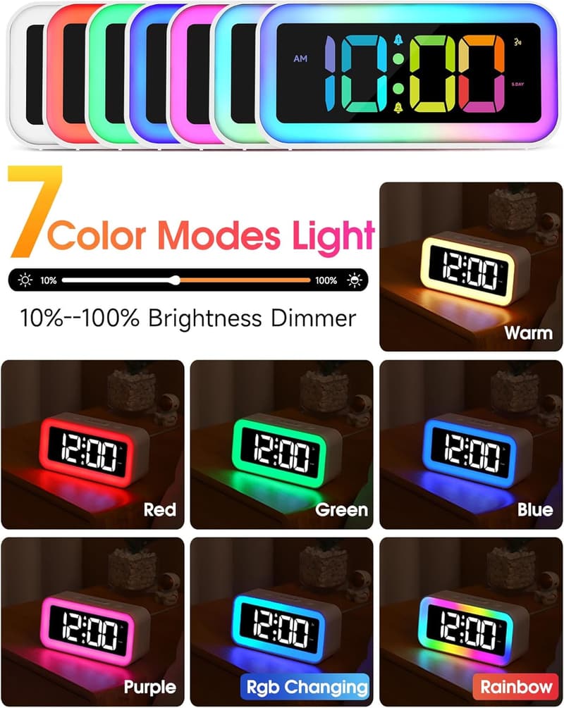 Dynamic RGB Dual Alarm Clock with USB Charger for Heavy Sleepers