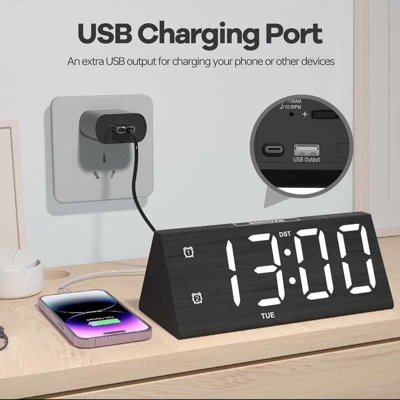 Modern Wooden Alarm Clock with Dual Alarm & USB Port