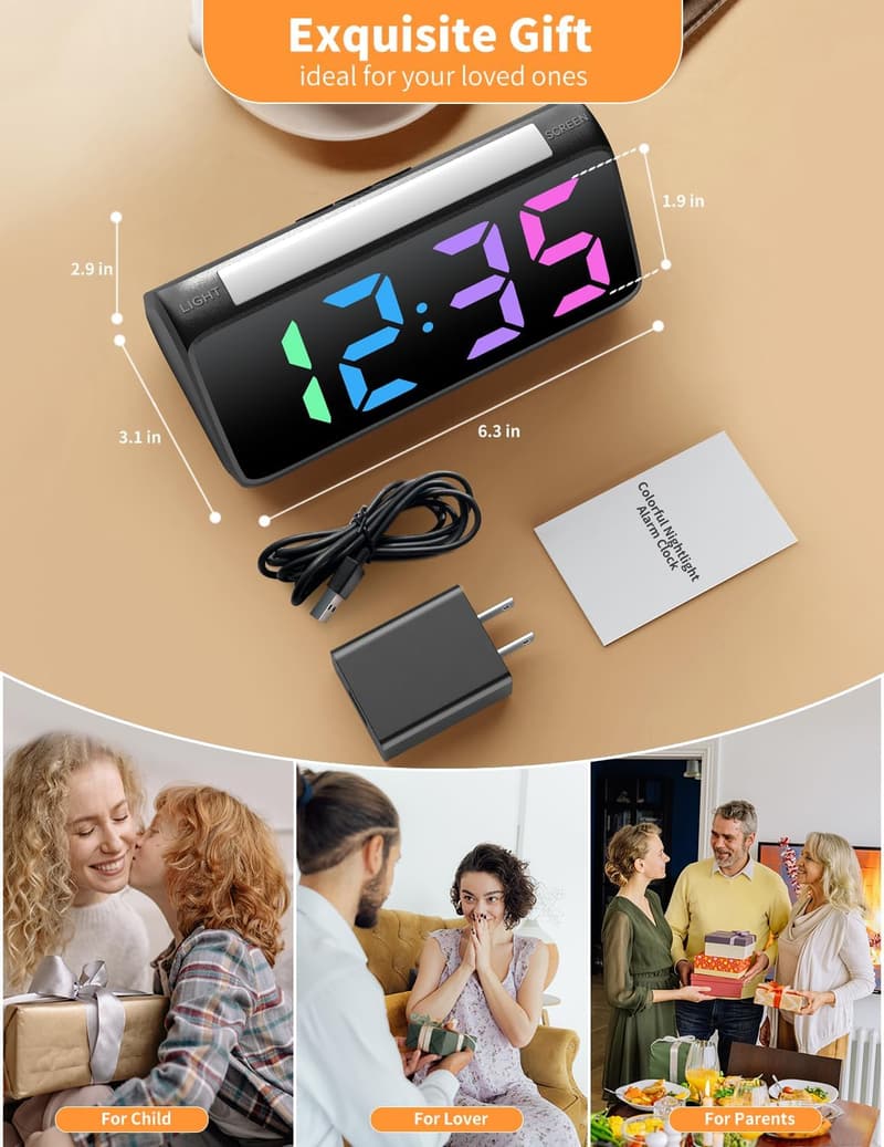Multi-Color LED Alarm Clock with Snooze Feature for Kids