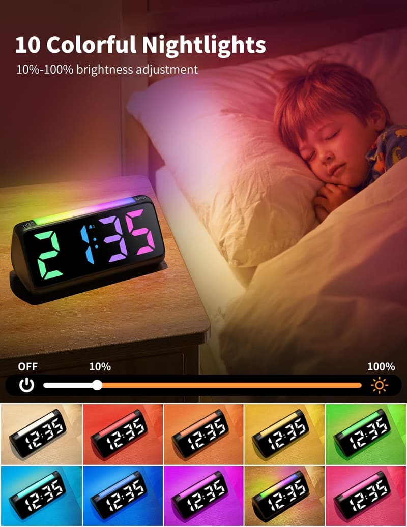Multi-Color LED Alarm Clock with Snooze Feature for Kids