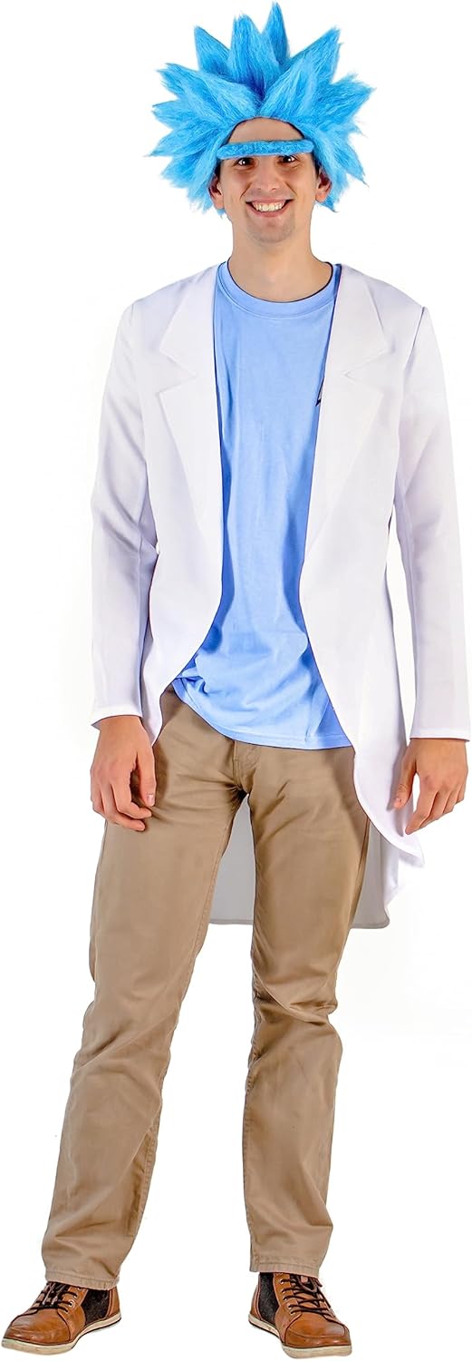 Halloween Rick Sanchez Costume Set with Blue Spiky Wig and Lab Coat