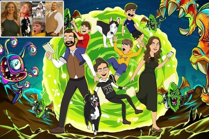 Personalized Rick and Morty-Style Family Cartoon Portrait