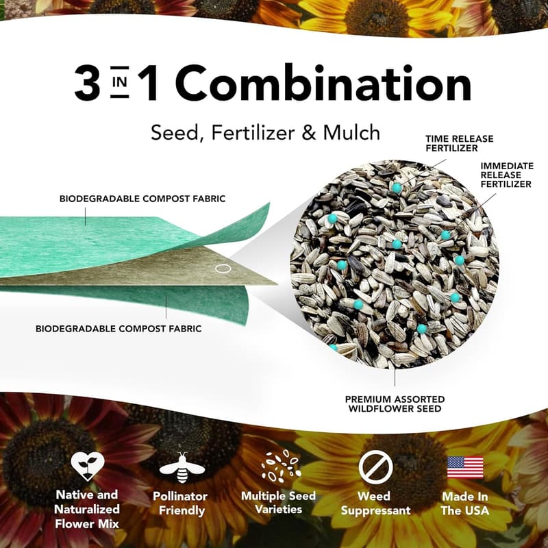 Eco-Friendly Sunflower & Wildflower Seed Mat - 40 sqft Garden Mix