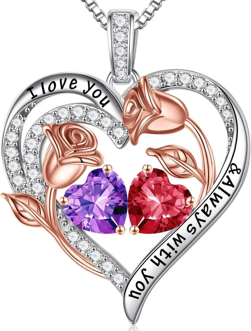 Rose Heart Birthstone Necklace - 925 Sterling Silver Gift for Women