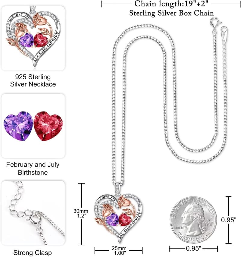 Rose Heart Birthstone Necklace - 925 Sterling Silver Gift for Women