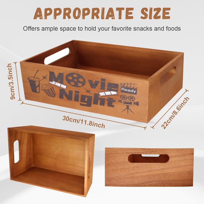 Movie Night Snack Tray - Wooden Organizer with Handles