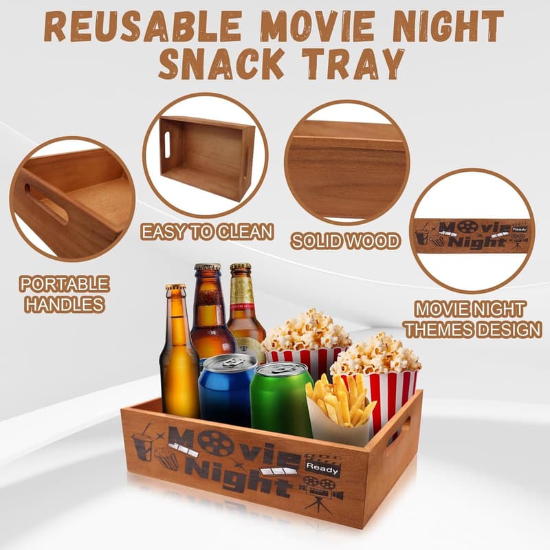 Movie Night Snack Tray - Wooden Organizer with Handles