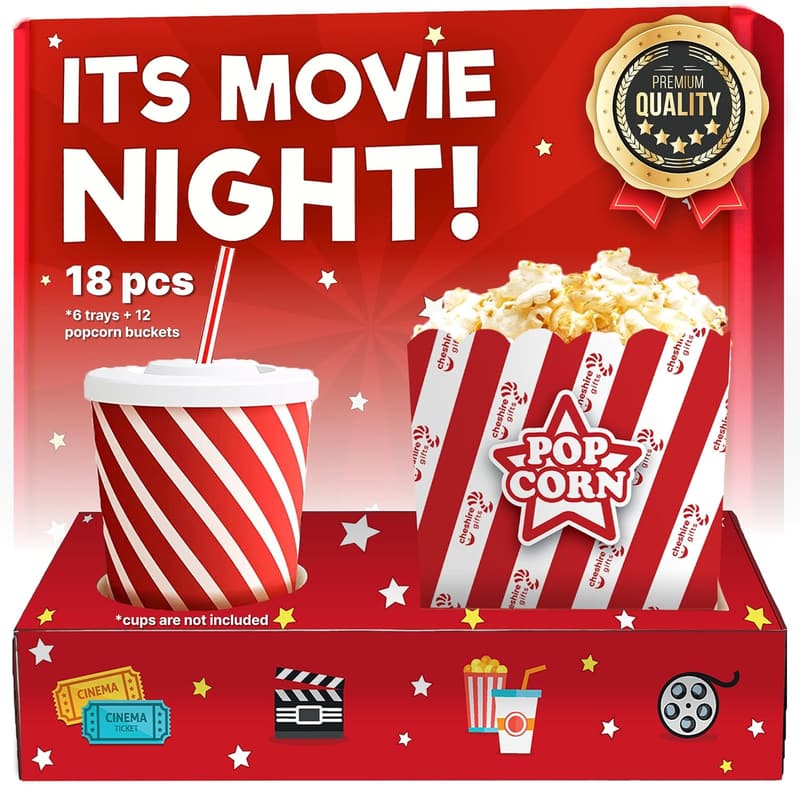 Movie Night Supplies Set - 18 Pcs Popcorn Bags & Snack Trays